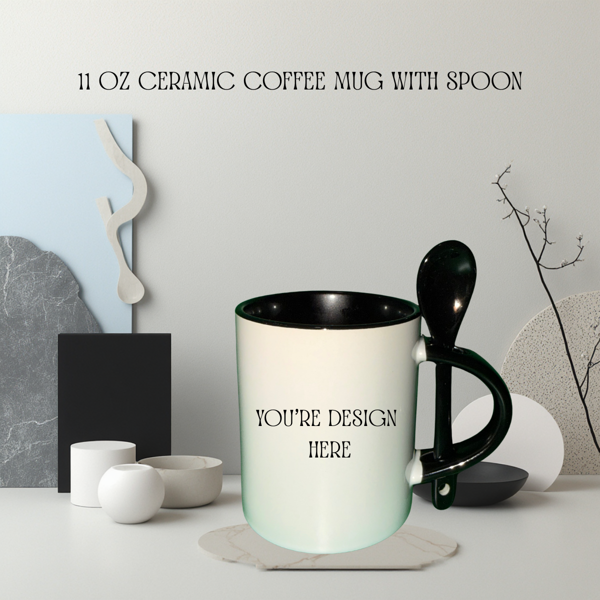 Ceramic Coffee Mug with Spoon - 11oz
